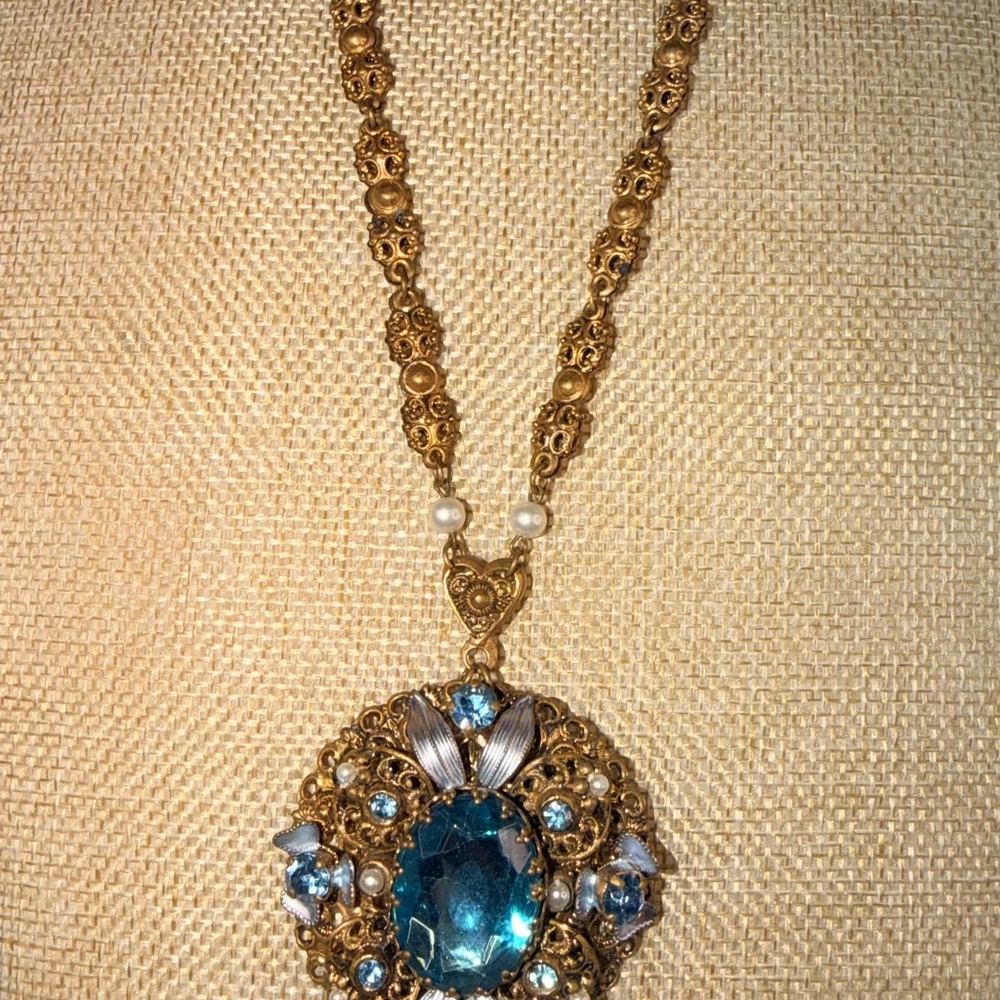 Vintage Western Germany Gold and Blue Pendant Necklace - Picture 5 of 11